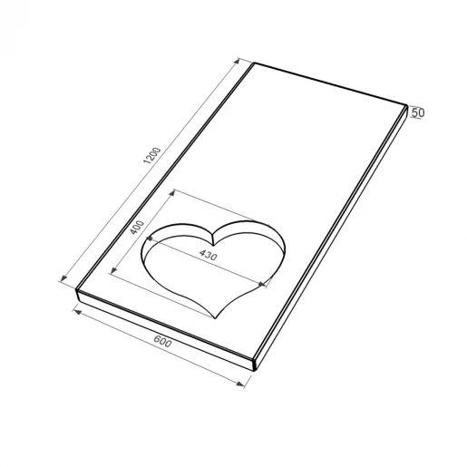 Размеры Надгробная плита широкая 1200x600x50 из гранита серия Сердце с неполированными фасками с неполированными торцами Коростышевского карьера левые pl-kor-npf-npt-120-60-05-SERCE-l