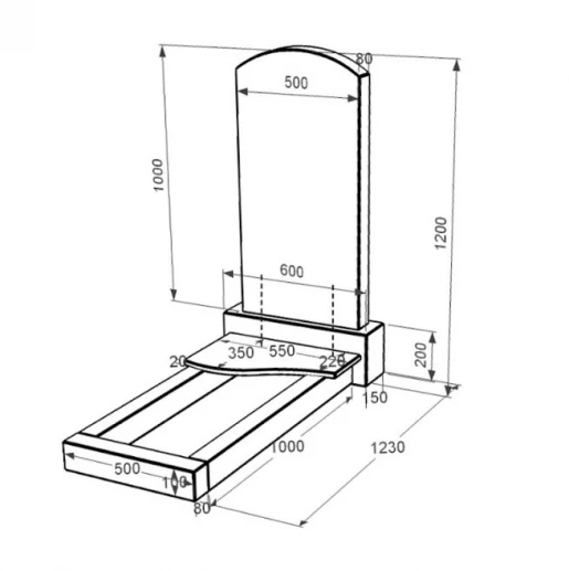 Размеры Надгробный памятник из гранита в форме дуги одинарный из черного гранита Коростышев с волной резной к3-kor-npf-100-50-08-009