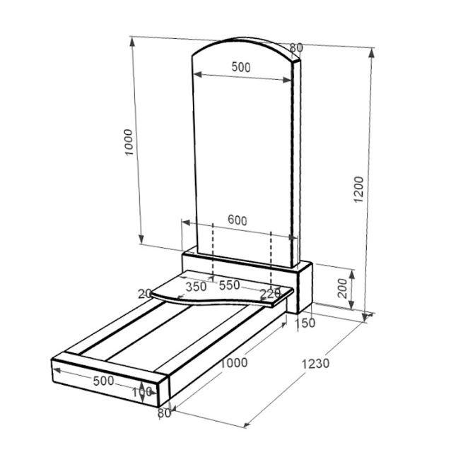 Размеры Надгробный памятник из гранита в форме дуги одинарный из черного гранита Коростышев с волной резной к3-kor-npf-100-50-08-009
