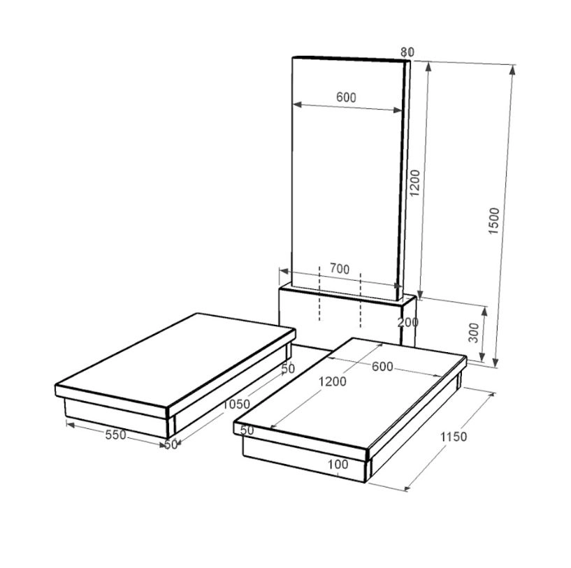 Розміри Подвійний гранітний пам'ятник із чорного граніту Коростишів без різьблених робіт к19-kor-npf-120-60-08-001