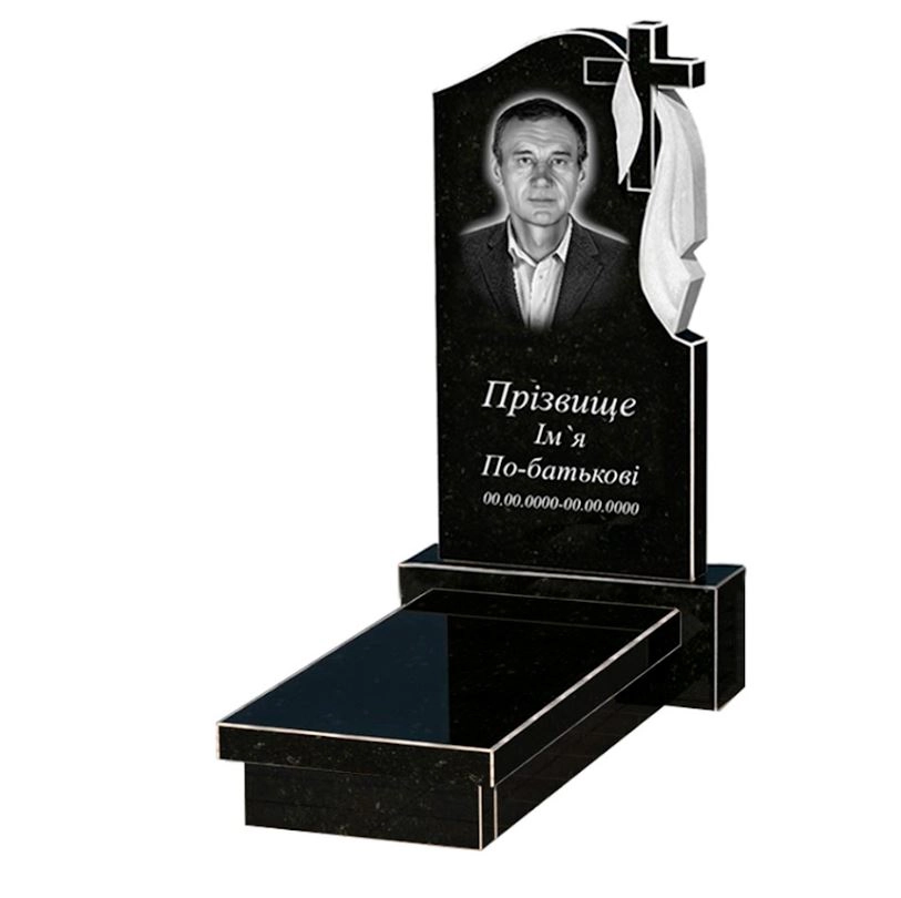 Основне Могильний камінь із граніту з гробницею одинарний із чорного граніту Коростишів з хрестом та плащаницею різьблений к10-kor-npf-80-40-05-142-r
