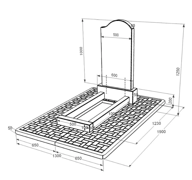 Розміри Гранітний пам'ятник надгробний з квітником одинарний із чорного граніту Коростишів з хвилею різьблений к1-kor-npf-100-50-08-011-r-pbd2