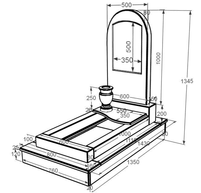 Розміри Пам'ятник із мармуру з хвилею різьблений одинарний з білого мармуру Волокас з полукруглою стелою к5-vol-pf-100-50-08-006-ck