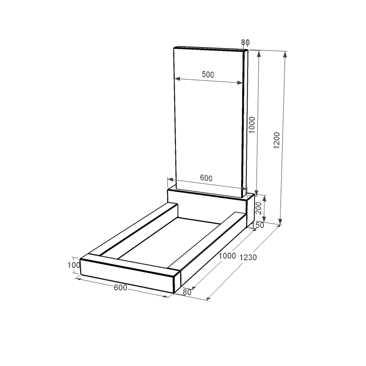 Розміри Гранітний пам'ятник з квітником без плити одинарний із чорного граніту Коростишів без різьблених робіт к2-kor-npf-100-50-08-001