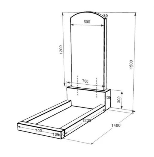 Размеры Гранитный памятник с цветником без плиты одинарный из черного гранита Коростышев с дугой резной к2-kor-pf-120-60-08-009