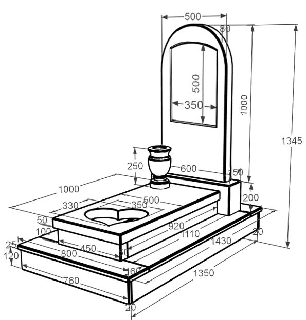 Розміри Мармуровий пам'ятник середнього розміру одинарний з мармуру Дайна з полукруглою стелою к12-dan-pf-100-50-08-006-ck