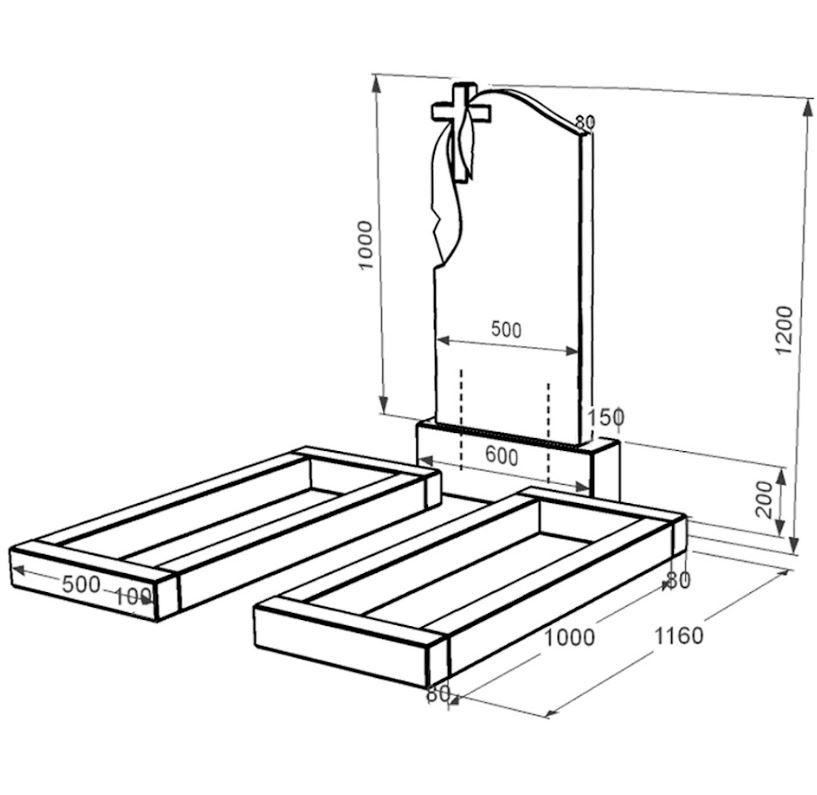 Розміри Пам'ятник із граніту з хрестом різьблена робота подвійний із чорного граніту Коростишів з плащаницею різьблений к14-kor-npf-100-50-08-142