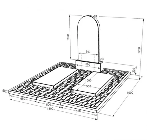 Размеры Гранитная могильная плита со стелой полукруглой формы двойной из черного гранита Коростышев к17-kor-npf-100-50-08-006-pbd2