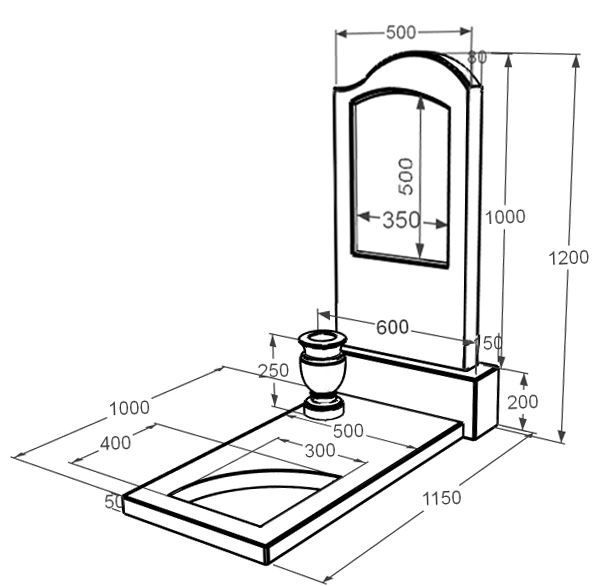 Розміри Пам'ятник із мармуру фігурний одинарний з мармуру Дайна з вирізаним куточком к9-dan-pf-100-50-08-011-r