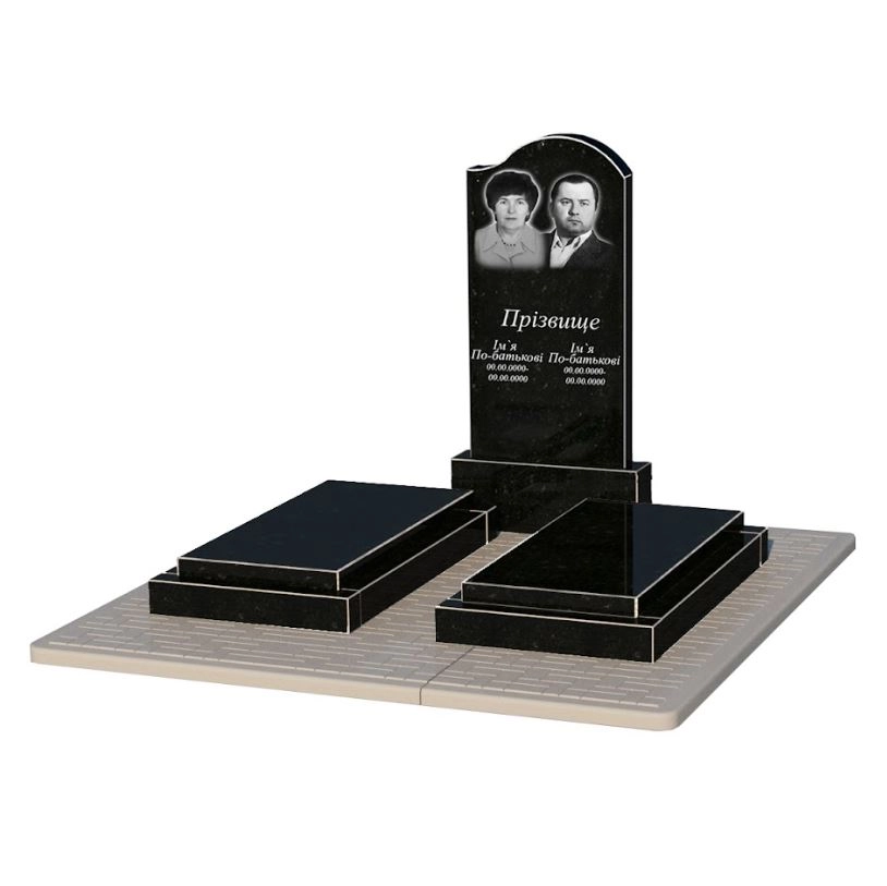 Основне Гранітний пам'ятник з 2 надгробками подвійний із чорного граніту Коростишів з хвилею різьблений к21-kor-npf-100-50-08-011-r-pbd2