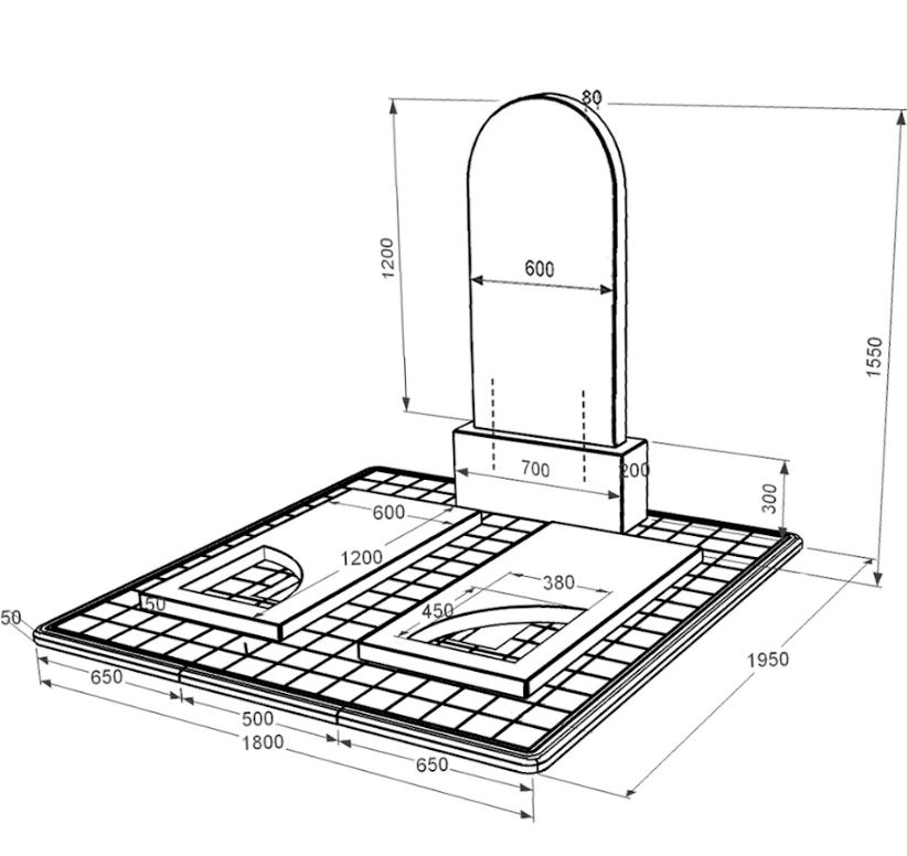 Розміри Надгробок із граніту великого розміру подвійний із чорного граніту Коростишів з вирізаним куточком к18-kor-pf-120-60-08-006-pbd3