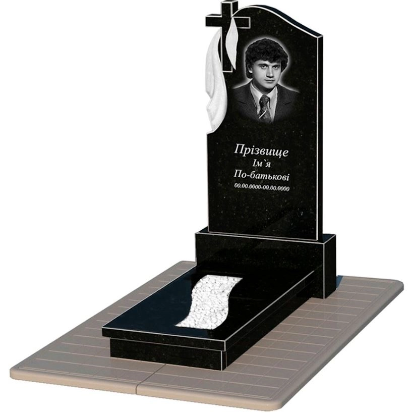 Основное Гранитный памятник юношам одинарный из черного гранита Коростышев с крестом и плащаницей резной к23-kor-npf-120-60-08-142-pbd3