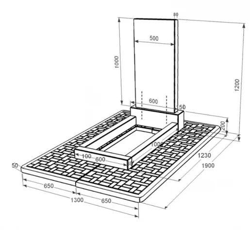 Размеры Гранитный памятник прямоугольный одинарный из черного гранита Коростышев без резных работ к2-kor-pf-100-50-08-001-pbd2