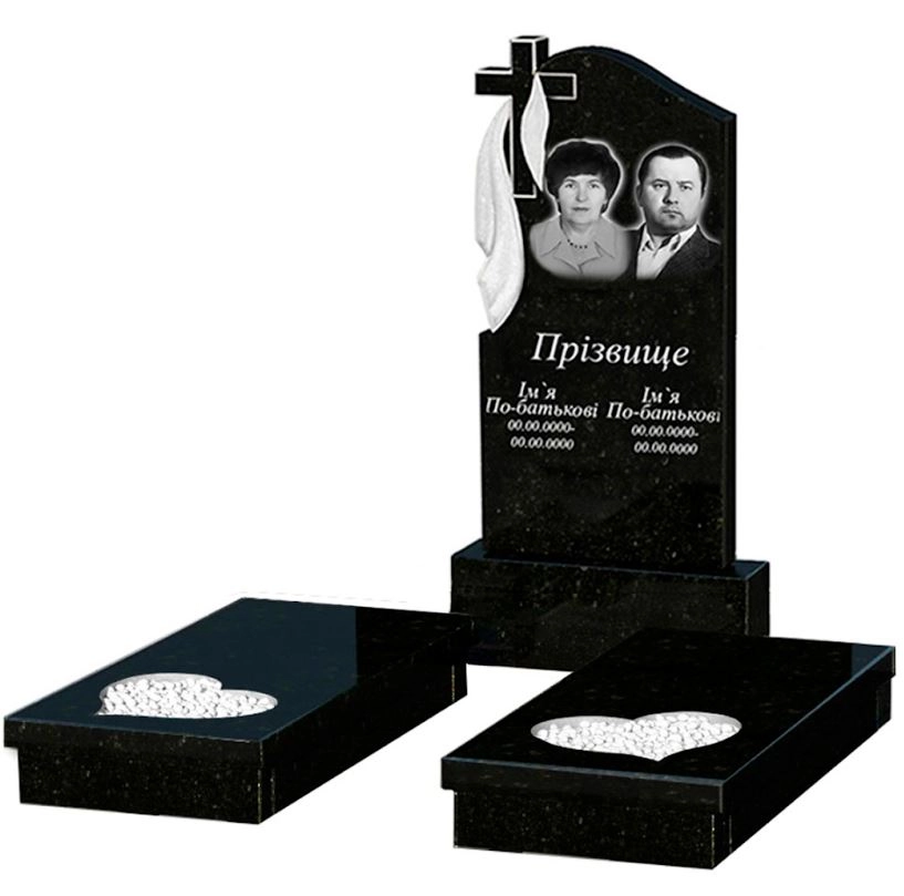 Основне Гранітний пам'ятник з серцем різьблена робота подвійний із чорного граніту Коростишів к20-kor-pf-100-50-08-142