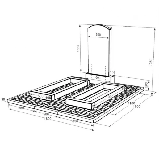 Розміри Пам'ятник із граніту з двома надгробками подвійний з дугою різьблений із чорного граніту Коростишів Дуга 009 к14-kor-pf-100-50-08-009-pbd2