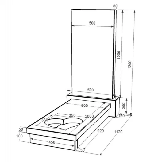 Розміри Надгробний пам'ятник із граніту з серцем різьблена робота одинарний із чорного граніту Коростишів к11-kor-pf-100-50-08-001