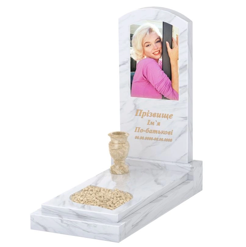 Основне Мармуровий пам'ятник висотою 120 см одинарний з білого мармуру Волокас з листом різьблена робота к13-vol-pf-100-50-08-009