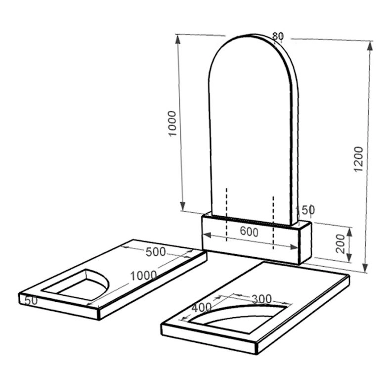 Размеры Гранитный памятник с вырезанным уголком двойной из черного гранита Коростышев к18-kor-npf-100-50-08-006