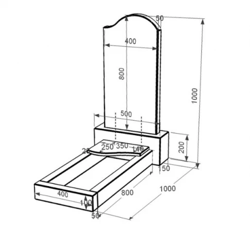 Размеры Гранитный памятник с плитой на цветнике одинарный из черного гранита Коростышев с волной резной к4-kor-npf-80-40-05-011-r