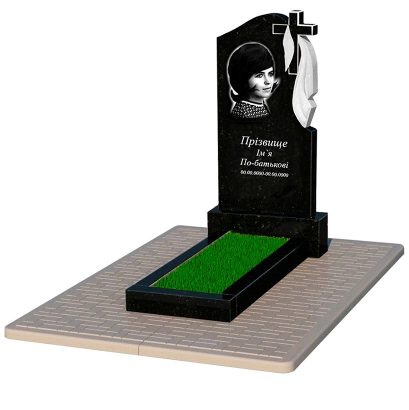 Основне Гранітний пам'ятник з хрестом різьблений одинарний із чорного граніту Коростишів к1-kor-pf-100-50-08-142-r-pbd2