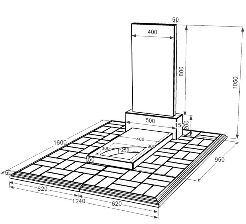 Размеры Памятник на кладбище из гранита прямоугольный одинарный из черного гранита Коростышев с вырезанным уголком к9-kor-pf-80-40-05-001-pbd1