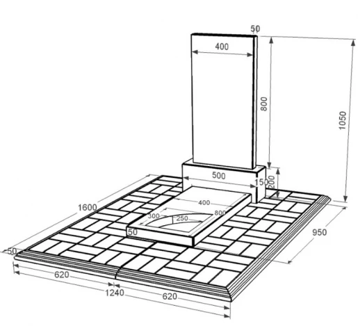Размеры Памятник на кладбище из гранита прямоугольный одинарный из черного гранита Коростышев с вырезанным уголком к9-kor-pf-80-40-05-001-pbd1