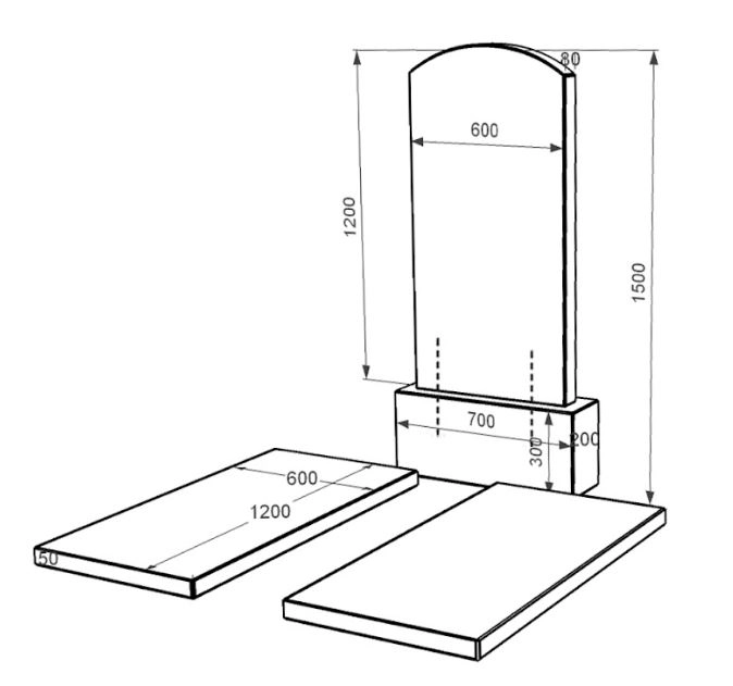 Розміри Гранітний пам'ятник великий подвійний із чорного граніту Коростишів з дугою різьблений к17-kor-npf-120-60-08-009