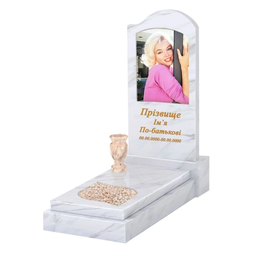 Основне Мармуровий пам'ятник дівчинам одинарний з білого мармуру Волокас з листом різьблена робота к13-vol-pf-80-40-05-011-r