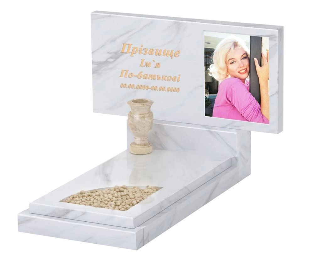 Основное Мраморный памятник высотой 90 см одинарный из белого мрамора Волокас с вырезанным уголком к24-vol-pf-60-120-08-001