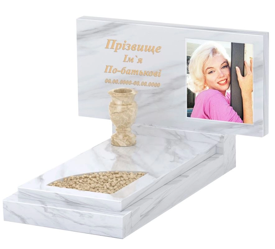 Основное Памятник из мрамора высотой 70 см одинарный из белого мрамора Волокас с вырезанным уголком к24-vol-pf-50-100-08-001