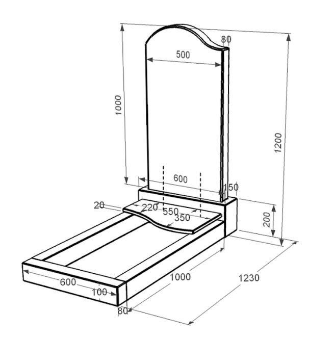 Размеры Памятник на кладбище из гранита с плитой на цветнике одинарный из черного гранита Коростышев с волной резной к5-kor-pf-100-50-08-011-l