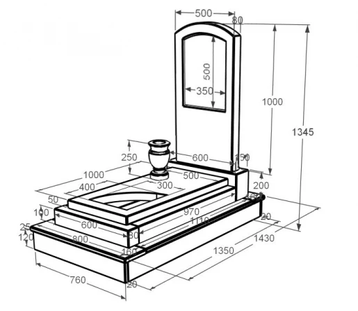 Розміри Мармуровий пам'ятник з полірованими фасками одинарний з мармуру Дайназ вирізаним куточком к24-dan-pf-100-50-08-009-ck