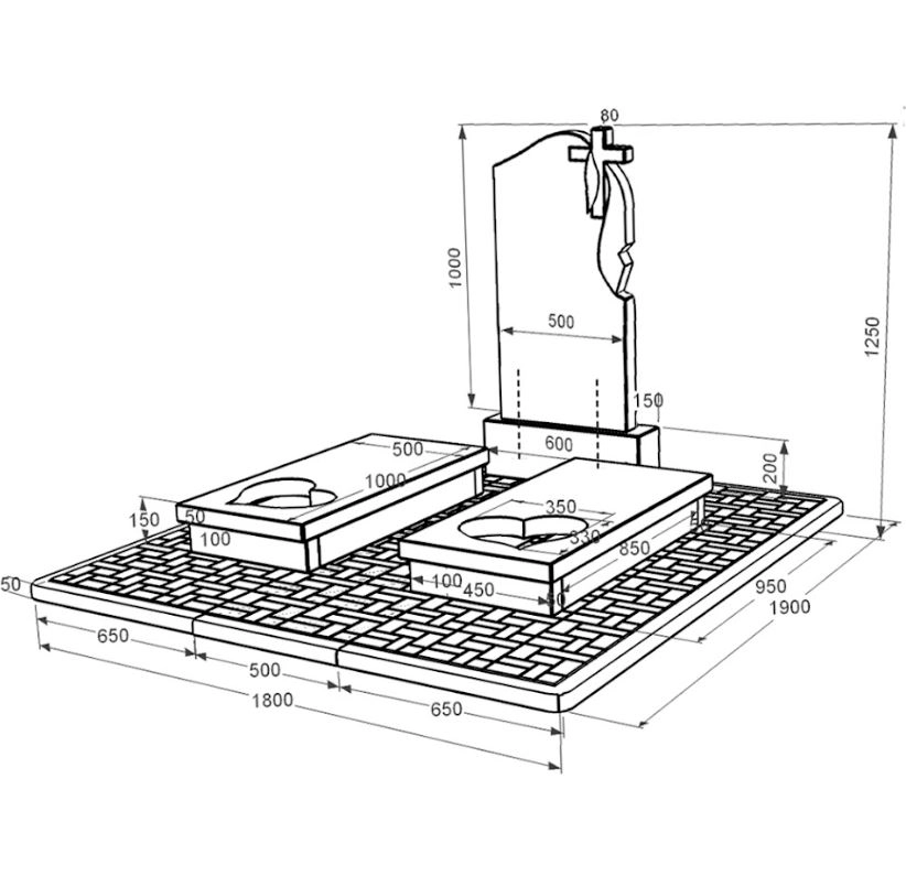 Розміри Надгробний пам'ятник із граніту з серцем різьблена робота подвійний із чорного граніту Коростишів к20-kor-pf-100-50-08-142-r-pbd2