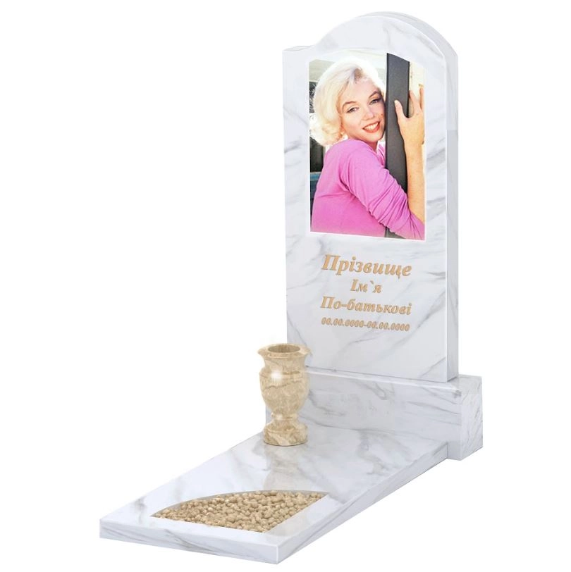 Основне Мармуровий пам'ятник середнього розміру одинарний з білого мармуру Волокас з вирізаним куточком к9-vol-pf-100-50-08-011-r