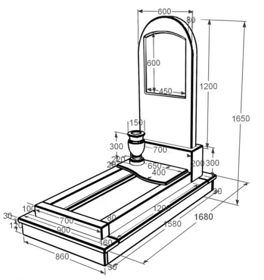 Розміри Мармуровий пам'ятник елітний з мармуру Дайна з полукруглою стелою к5-dan-pf-120-60-08-006-ck