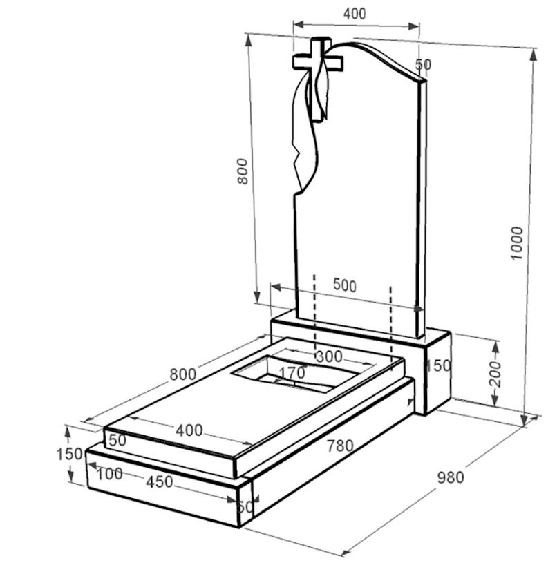 Розміри Гранітний пам'ятник з вирізаним прапором одинарний із чорного граніту Коростишів к6-kor-pf-80-40-08-142