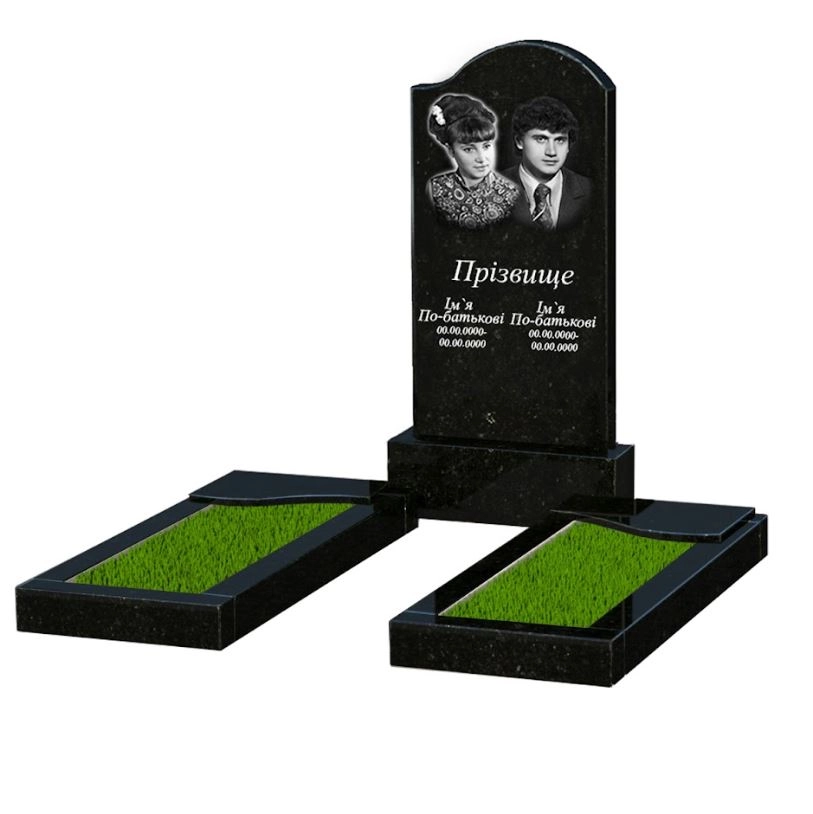 Основне Пам'ятник із граніту з полірованими фасками подвійний із чорного граніту Коростишів з хвилею різьблений к16-kor-pf-100-50-08-011-r