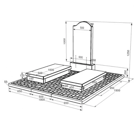 Розміри Надгробок із граніту із неполірованими фасками подвійний із чорного граніту Коростишів з хвилею різьблений к19-kor-npf-100-50-08-011-r-pbd2