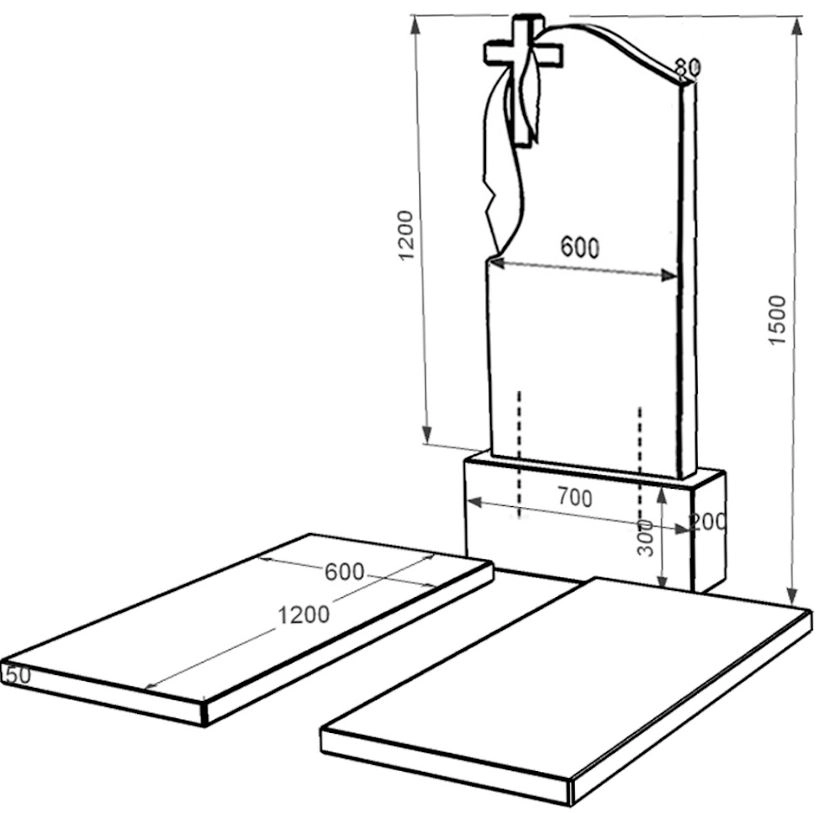Розміри Гранітний пам'ятник з плащаницею та хрестом різьбленої форми подвійний із чорного граніту Коростишів к17-kor-npf-120-60-08-142