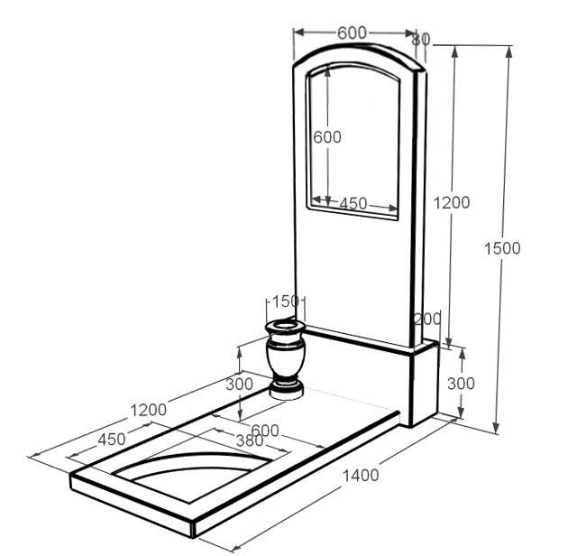 Розміри Пам'ятник із мармуру висотою 150 см одинарний з білого мармуру Волокас з вирізаним куточком к9-vol-pf-120-60-08-009