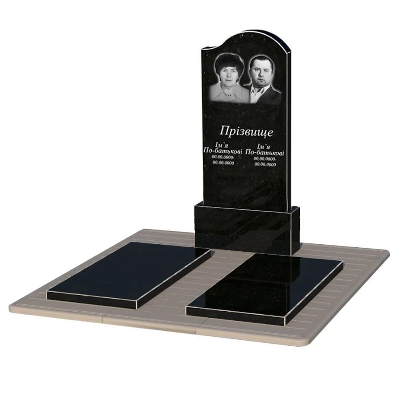 Основное Гранитный памятник с надгробной плитой двойной из черного гранита Коростышев с волной резной к17-kor-npf-120-60-08-011-r-pbd3