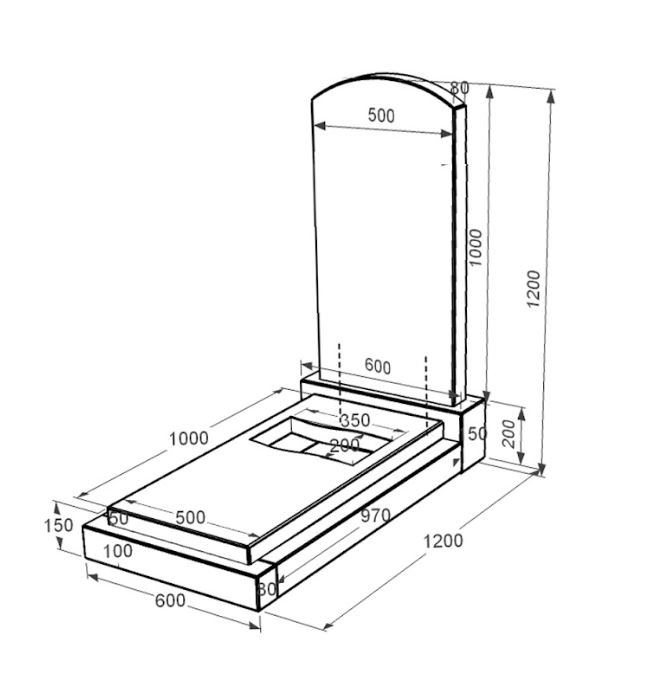 Розміри Одинарне граніт надгробок 1200x600x1200 з вирізаним прапором із чорного граніту Коростишівського кар'єру серія Дуга 009 к6-kor-pf-100-50-08-009