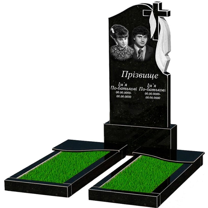 Основне Гранітна плита на могилу елітна подвійна із чорного граніту Коростишів з хвилею різьблена к15-kor-npf-120-60-08-142-r