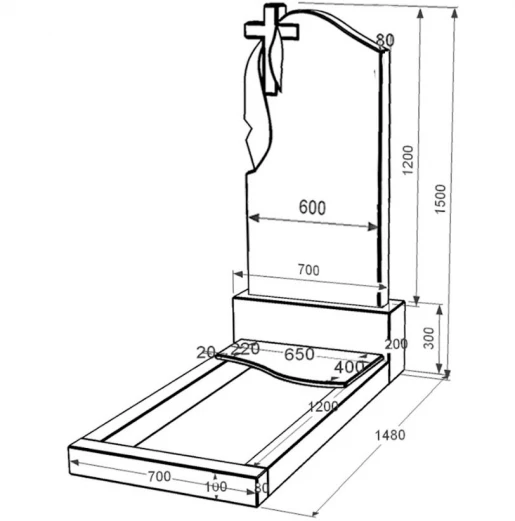 Размеры Гранитный могильный камень высотой 150 см одинарный из черного гранита Коростышев с волной резной к5-kor-npf-120-60-08-142