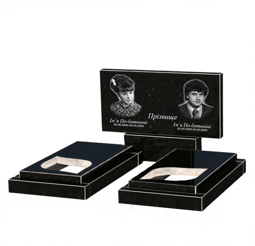 Без декора Двойной гранитный надгробный камень из черного гранита Коростышев с листом резная работа к22-kor-npf-50-100-08-001