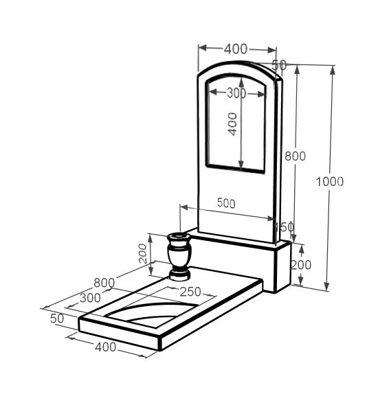 Розміри Надгробок з мармуру у формі дуги одинарний з білого мармуру Волокас з вирізаним куточком з дугою різьблений к9-vol-pf-80-40-05-009