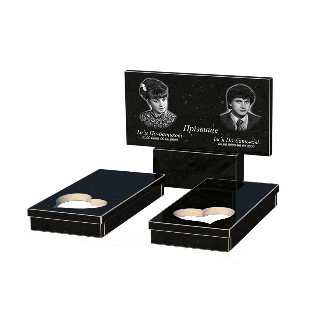 Без декора Гранитный памятник с сердцем резная работа двойной из черного гранита Коростышев к20-kor-npf-60-120-08-001