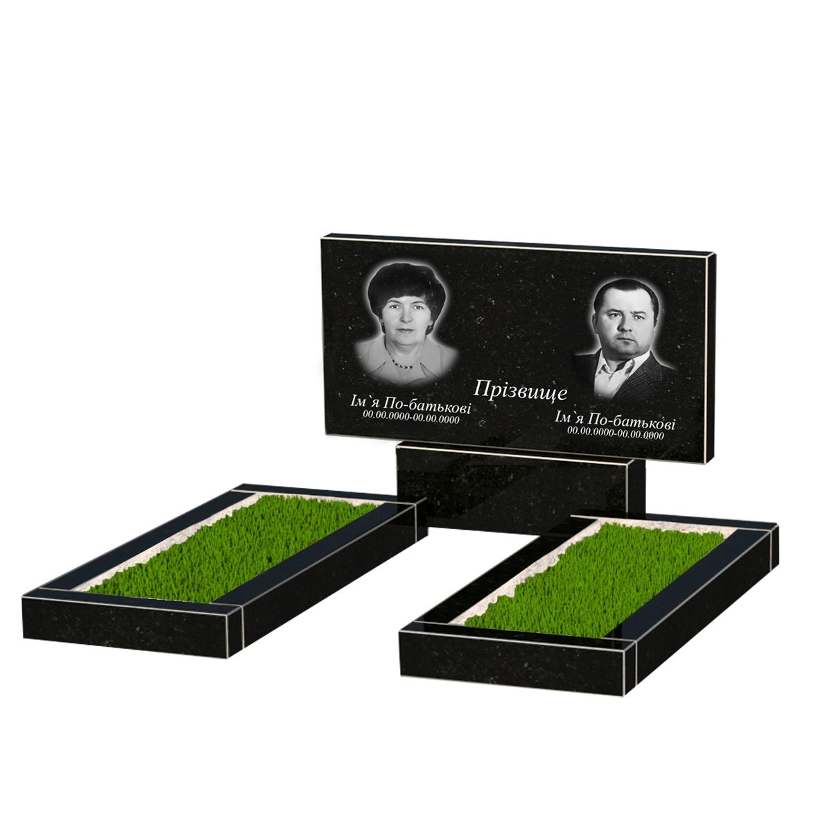 Основное Гранитный памятник с цветником без плиты двойной из черного гранита Коростышев без резных работ к14-kor-npf-50-100-08-001
