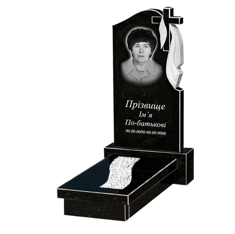 Основне Гранітний пам'ятник з вирізаною смугою одинарний із чорного граніту Коростишів з хрестом та плащаницею різьблений к23-kor-npf-80-40-08-142-r