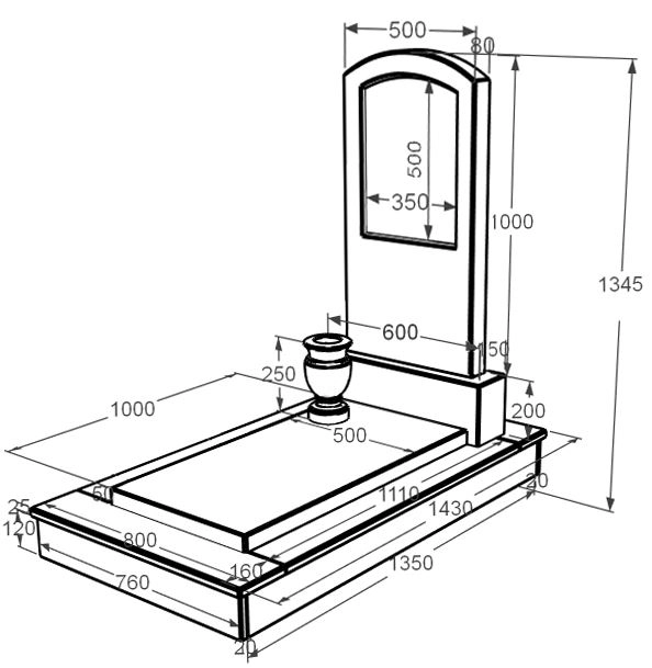 Розміри Пам'ятник із мармуру з цоколем одинарний з мармуру Дайна з дугою різьблений к7-dan-pf-100-50-08-009-ck